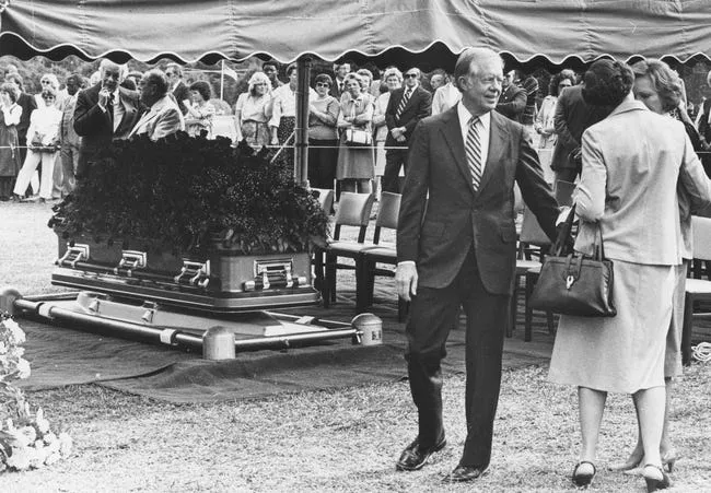 Former President Jimmy Carter at the funeral of his sister, Ruth Carter Stapleton, on Sept. 28, 1983, in Fayetteville.