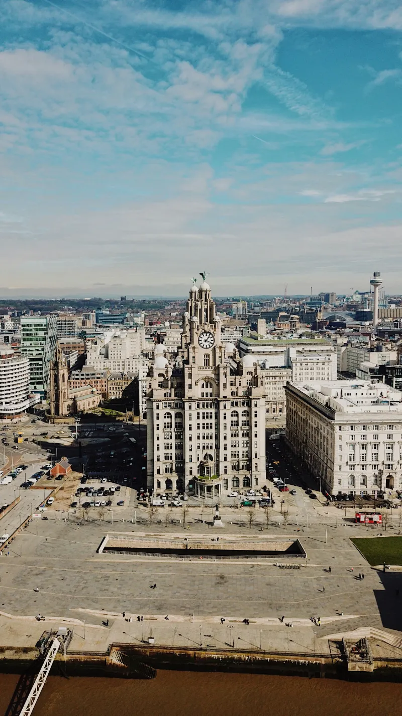 An aerial drone photo of the Royal Liver Building, Pier Head, Liverpool UK. Photo taken with a DJI Mavic Pro drone 