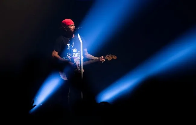 Tom DeLonge of Blink 182 performs at Bridgestone Arena in Nashville , Tenn., Sunday, July 16, 2023.