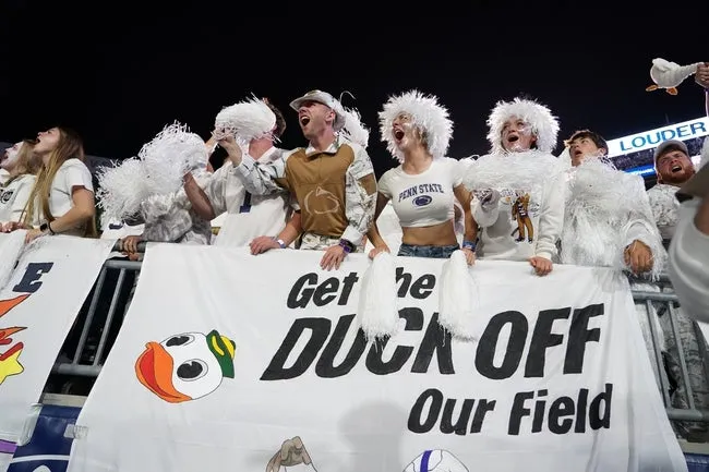 Sep 27, 2025; University Park, Pennsylvania, USA; Penn State Nittany Lions fans cheer during the first half of a White-Out game against the Oregon Ducks at Beaver Stadium. © James Lang-Imagn Images