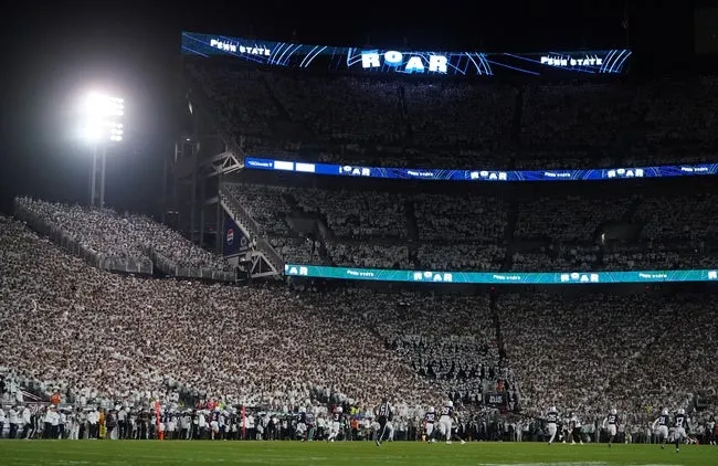 Sep 27, 2025; University Park, Pennsylvania, USA; Penn State Nittany Lions fans are seen during the first half of a White-Out game against the Oregon Ducks at Beaver Stadium. © James Lang-Imagn Images