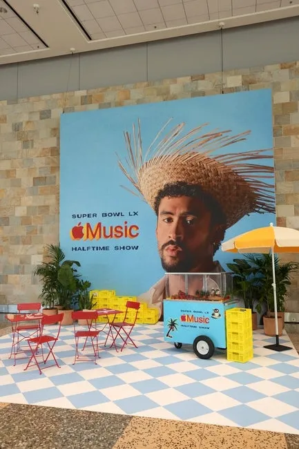 Feb 3, 2026; San Francisco, CA, USA; A Bad Bunny advertisement for the Apple music Super Bowl LX halftime show at the Moscone Center. © Kirby Lee-Imagn Images