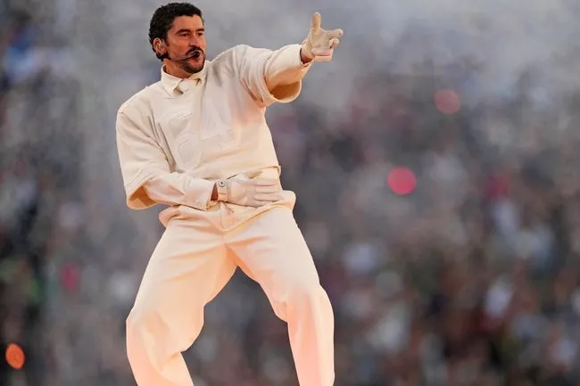 Feb 8, 2026; Santa Clara, CA, USA; Bad Bunny performs during the half time show at the game between New England Patriots and Seattle Seahawks in Super Bowl LX at Levi's Stadium. © Cary Edmondson-Imagn Images