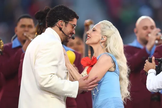 Feb 8, 2026; Santa Clara, CA, USA; Bad Bunny and Lady Gaga perform the halftime show in Super Bowl LX between the Seattle Seahawks and the New England Patriots at Levi's Stadium. © Mark J. Rebilas-Imagn Images
