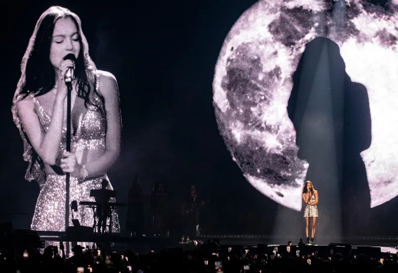 Olivia Rodrigo performs \"vampire\" during the first stop on the \"Guts\" tour at Acrisure Arena in Palm Desert, Calif., Friday, Feb. 23, 2024.