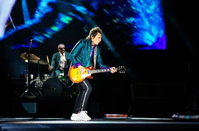 Bassist Ronnie Wood perform with The Rolling Stones at Thunder Ridge Nature Arena in Ridgedale, Mo. during their last stop on the Hackney Diamonds Tour on Sunday, July 21, 2024.