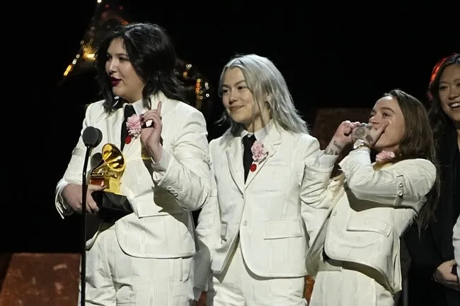 Feb 4, 2024; Los Angeles, CA, USA; Lucy Dacus, from left, Phoebe Bridgers and Julien Baker of Boygenius accept the award for Best Rock Performance during the 66th Annual GRAMMY Awards Premiere Ceremony at the Peacock Theater in Los Angeles on Sunday, Feb. 4, 2024.
© Robert Hanashiro-USA TODAYFeb 4, 2024; Los Angeles, CA, USA;